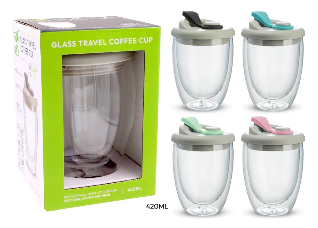 420ml reusable glass travel coffee cup in assorted colours, 14x9x9cm, for on-the-go use