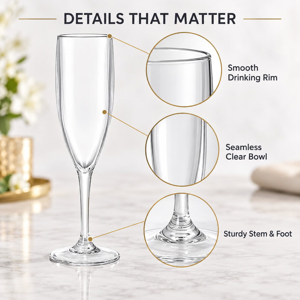 Close-up of plastic champagne flute rim, seamless clear bowl and sturdy stem, reusable acrylic stemware