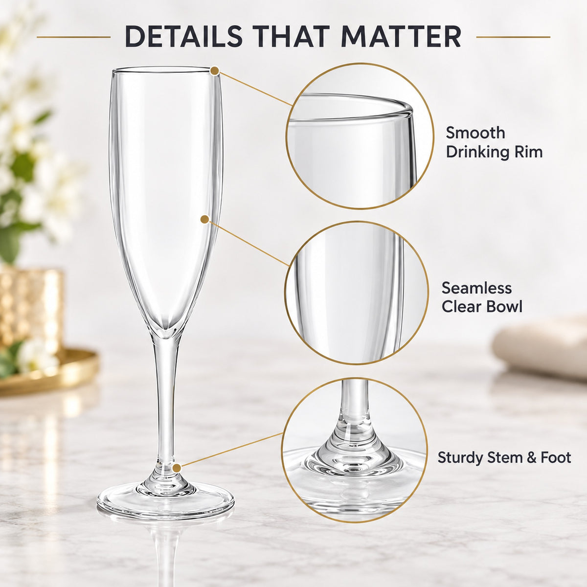 Close-up of plastic champagne flute rim, seamless clear bowl and sturdy stem, reusable acrylic stemware