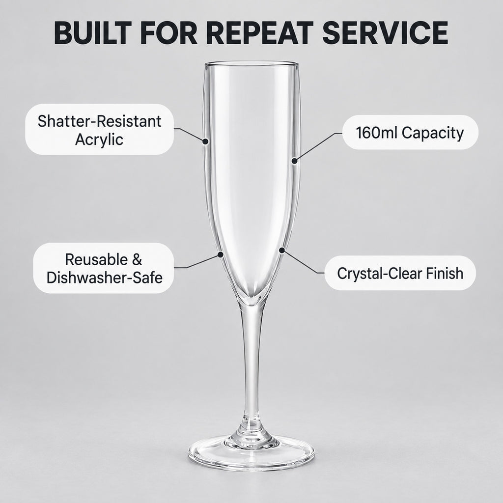 Plastic champagne flute features: shatter-resistant acrylic, reusable, dishwasher-safe, 160ml, crystal-clear