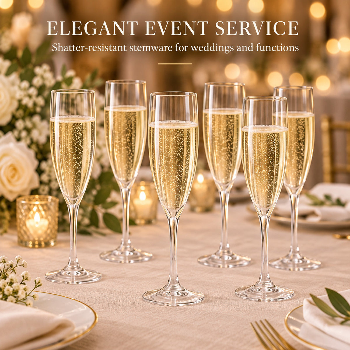 Plastic champagne flutes filled with sparkling wine at a wedding reception, shatter-resistant acrylic stemware