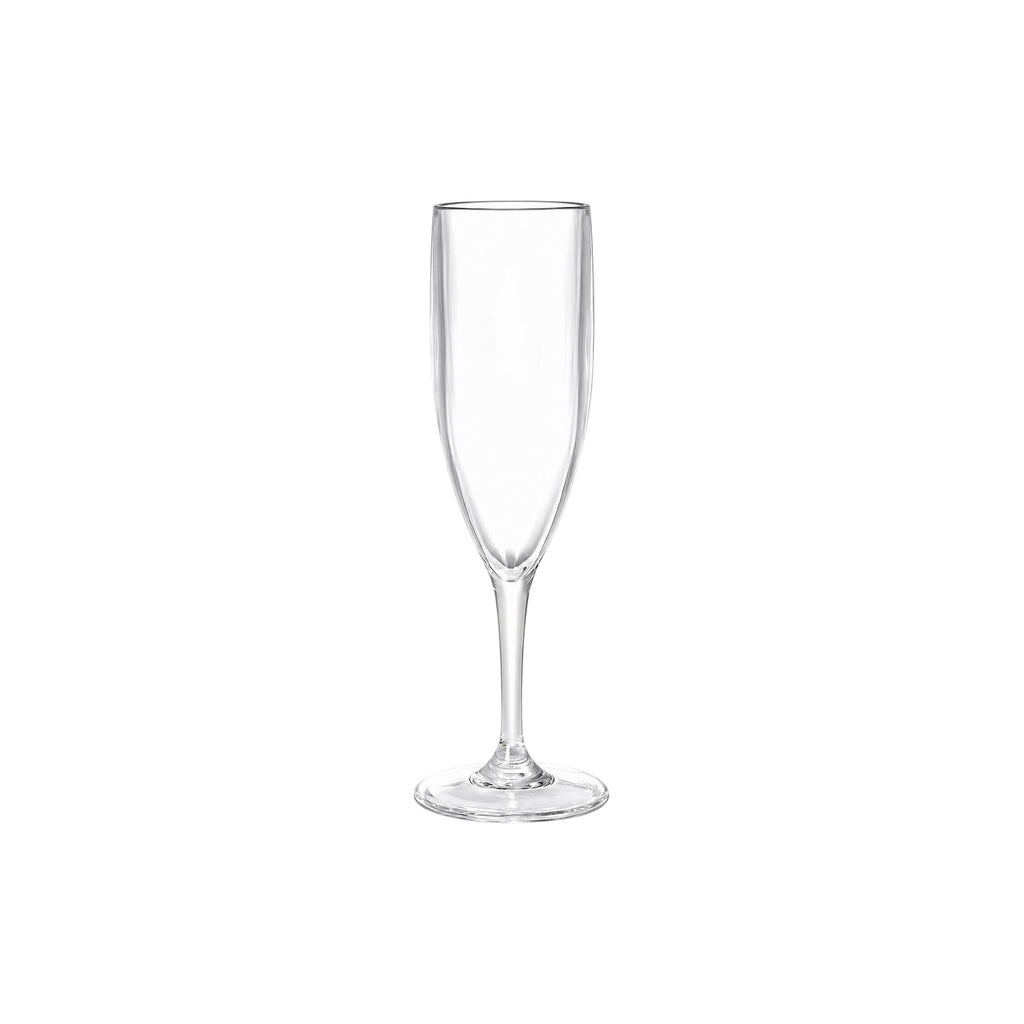 Clear acrylic plastic champagne flute, single reusable 160ml stemware on a white background