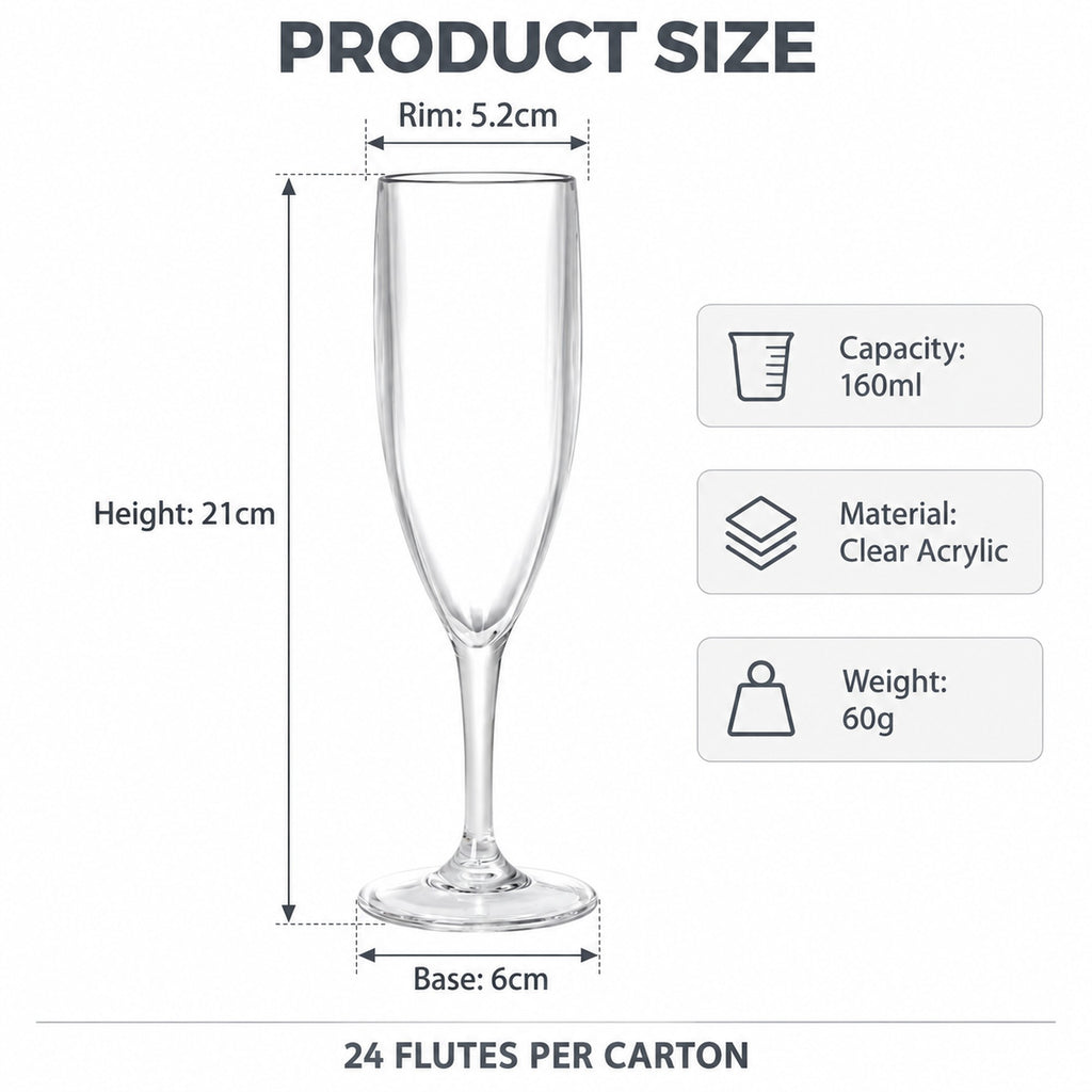 Plastic champagne flute specifications: 21cm tall, 5.2cm rim, 6cm base, 160ml, clear acrylic, 24 per carton
