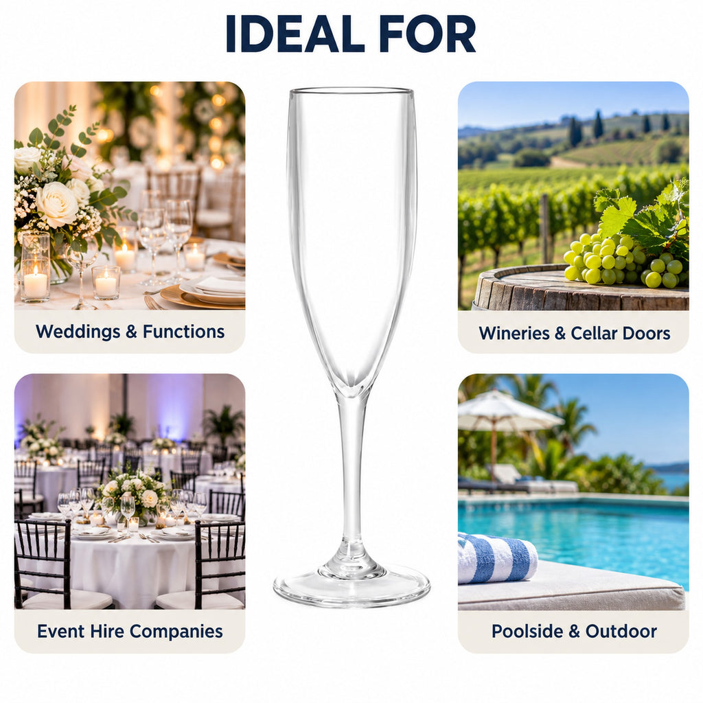 Plastic champagne flutes for weddings, wineries, event hire and poolside service, reusable acrylic stemware