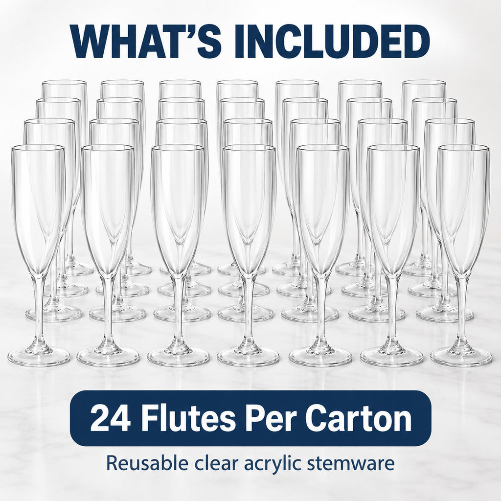 Plastic champagne flutes carton of 24, reusable clear acrylic 160ml stemware