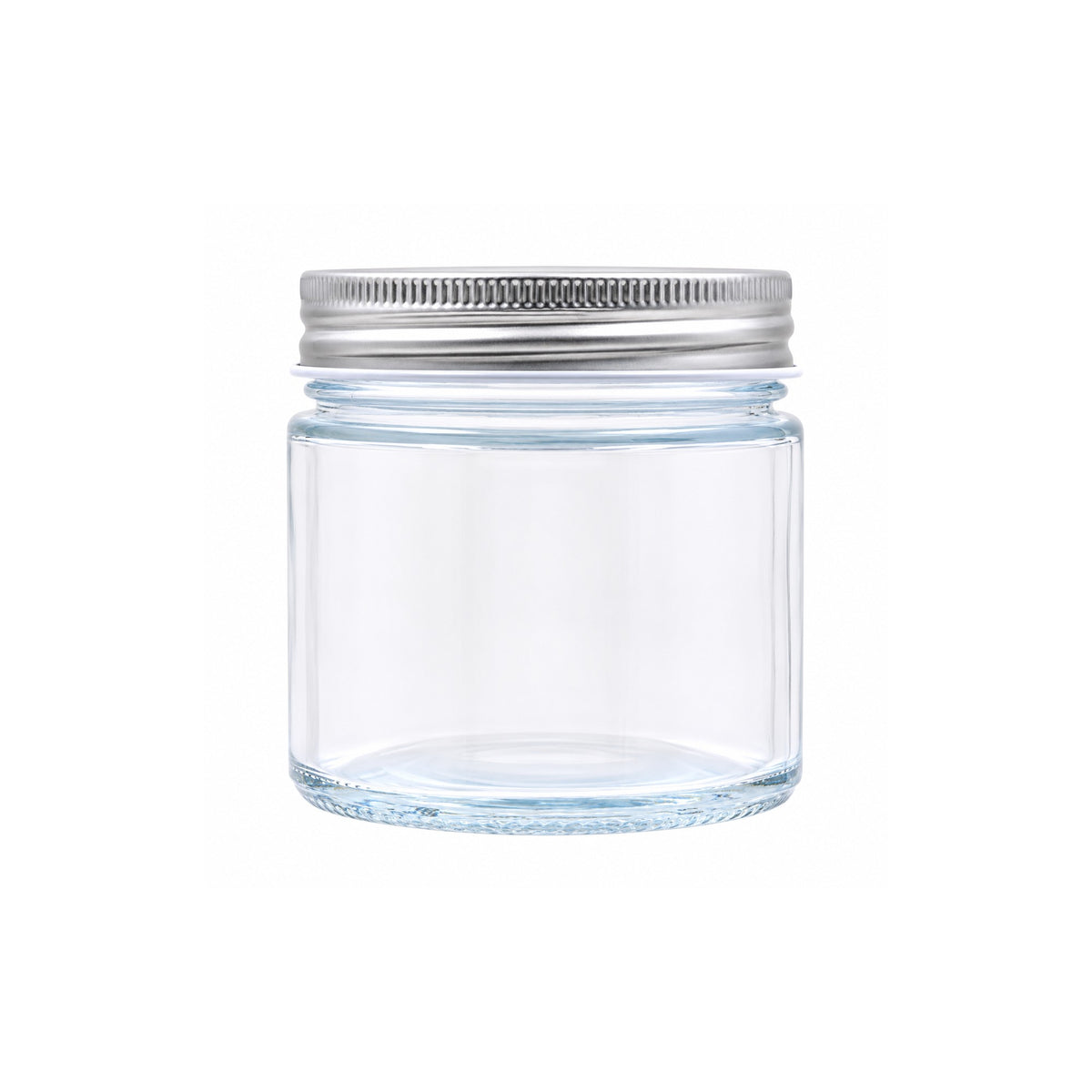 200ml clear glass jar with silver screw lid on a white background