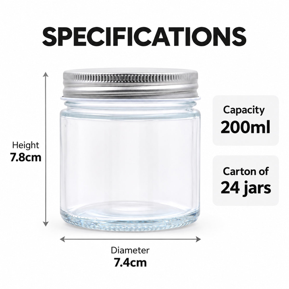 Glass jar specifications: 200ml capacity, 7.8cm high, 7.4cm diameter, carton of 24