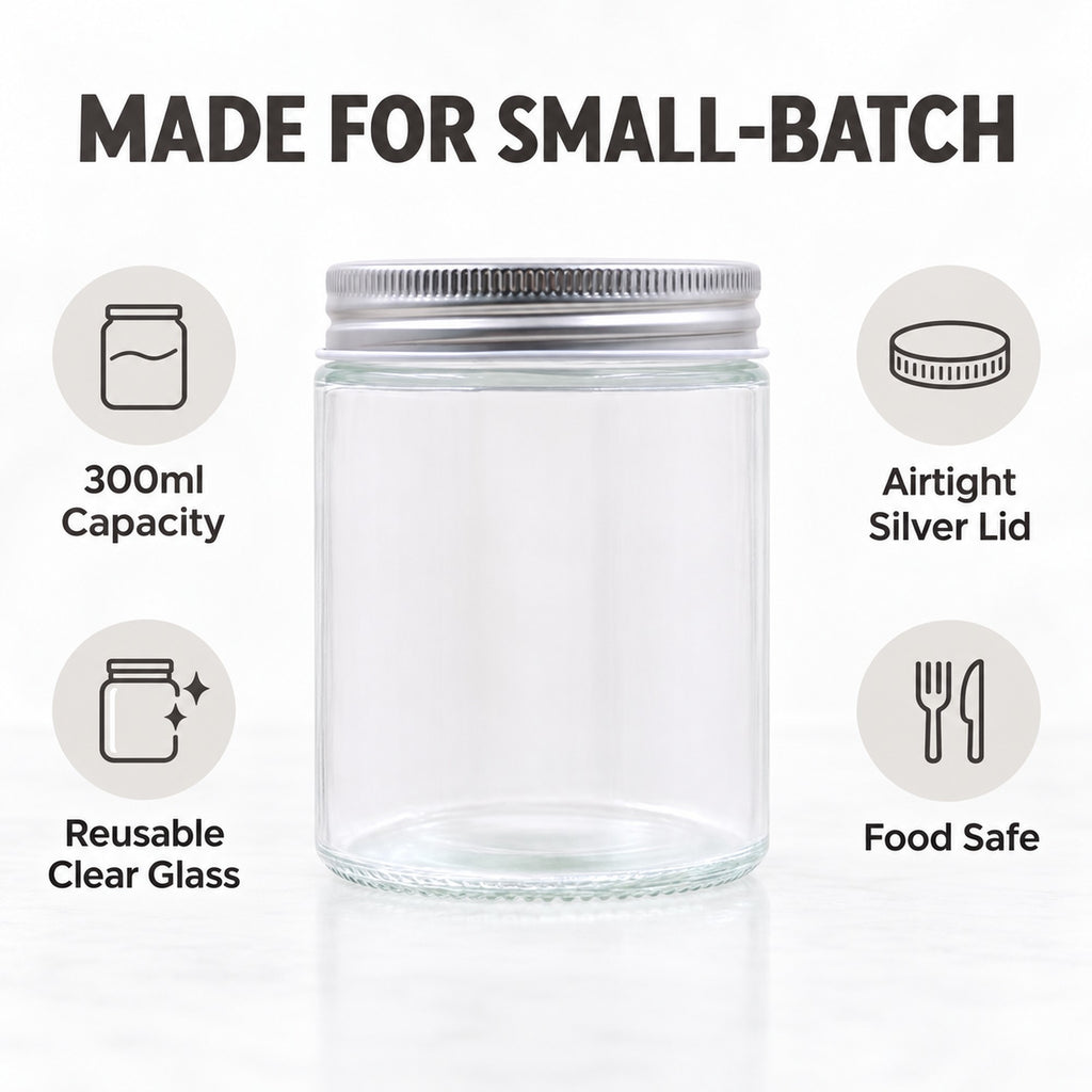 Glass jar features: 300ml capacity, airtight silver lid, reusable clear glass, food safe