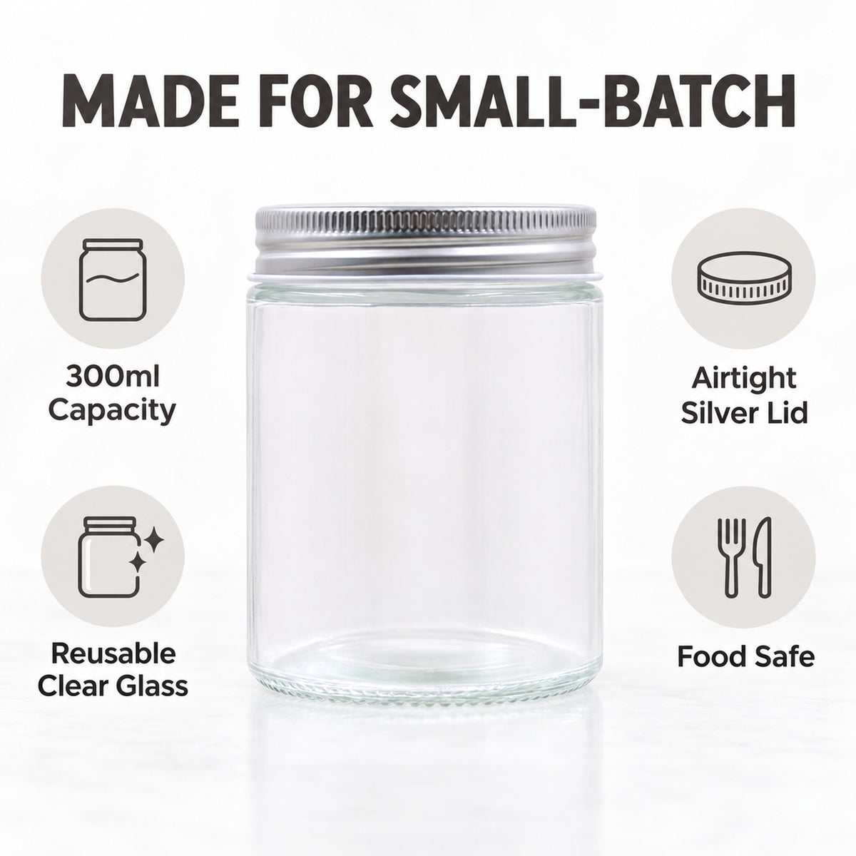 Glass jar features: 300ml capacity, airtight silver lid, reusable clear glass, food safe
