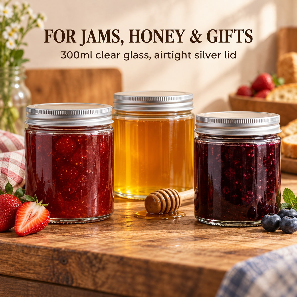 300ml glass jars filled with jam and honey, silver lids, on a rustic wooden bench