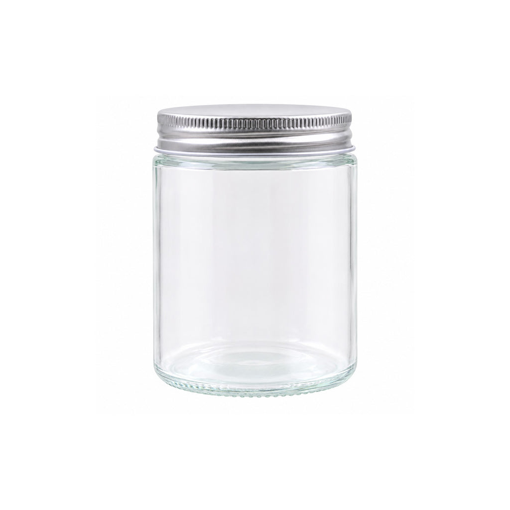 Clear 300ml glass jar with a silver screw lid, on a white background