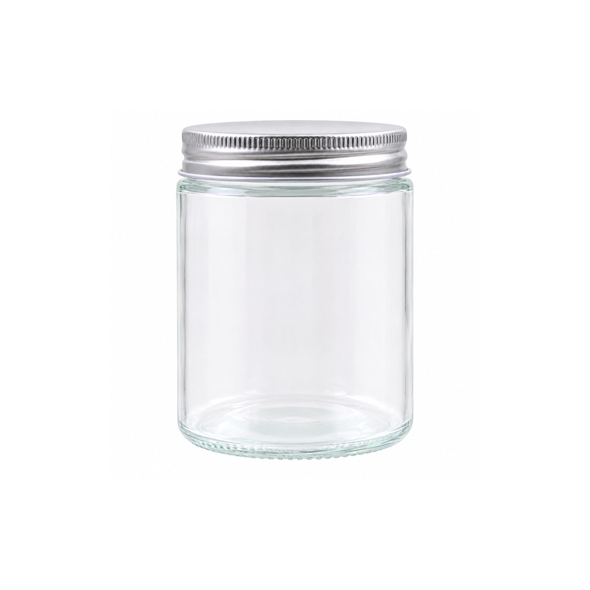 Clear 300ml glass jar with a silver screw lid, on a white background