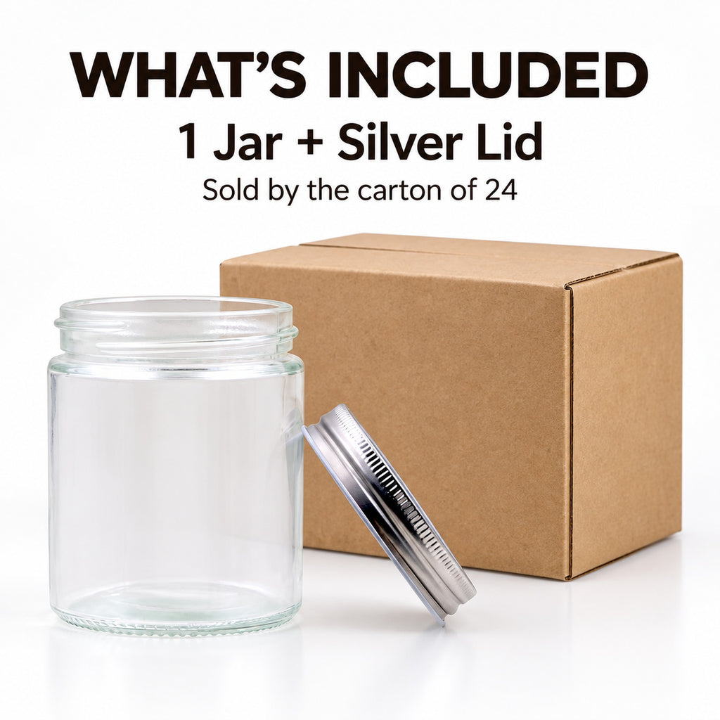 One 300ml glass jar with a silver screw lid per unit, sold by the carton of 24