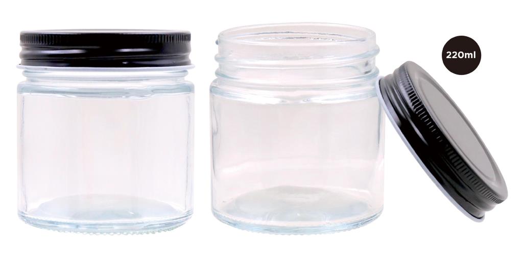200ML Screw Top Glass Jar W/Black Lid  LIDS MAYBE MARKED (D)