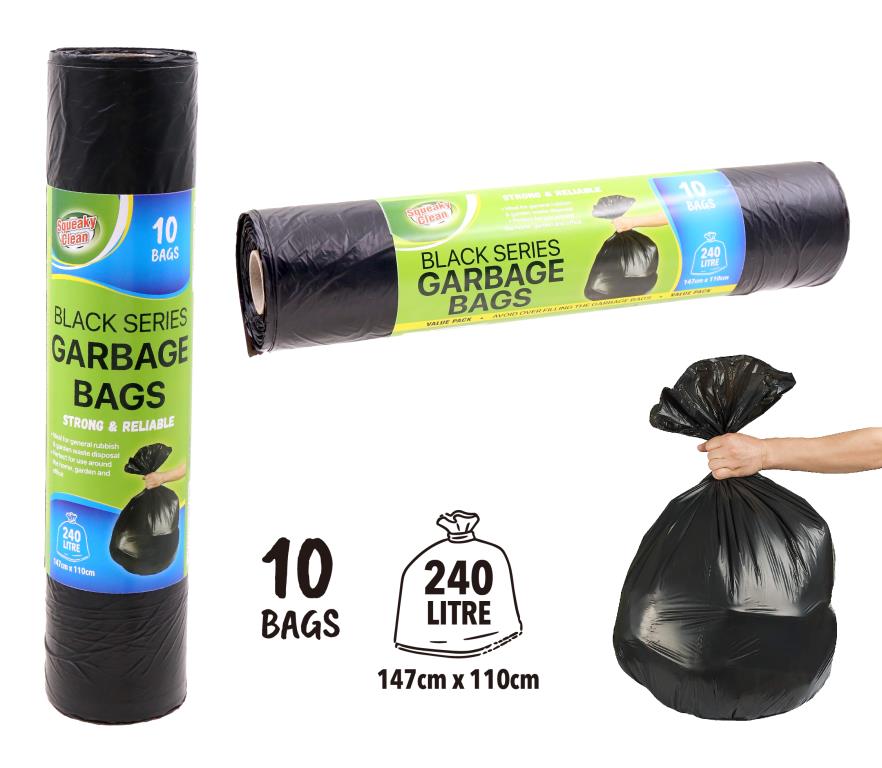 10PK  - 240LTR Black Series Garbage Bags
