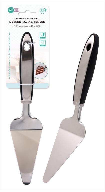 Deluxe stainless steel cake server slice lifter with black soft-grip handle, 27cm, dishwasher safe