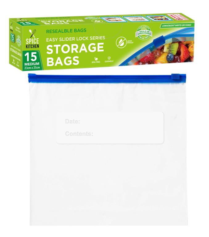 15PK Easy Secure Slider Lock Storage Bags - 22CM X 25CM