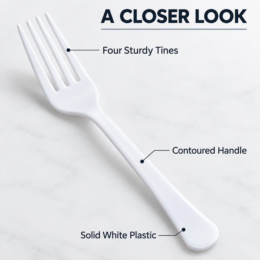 Close-up of a white plastic fork showing four sturdy tines and a contoured handle