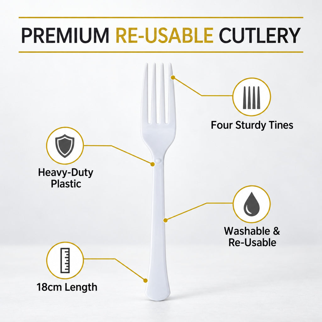 Plastic forks features: heavy-duty plastic, four sturdy tines, washable and re-usable, 18cm