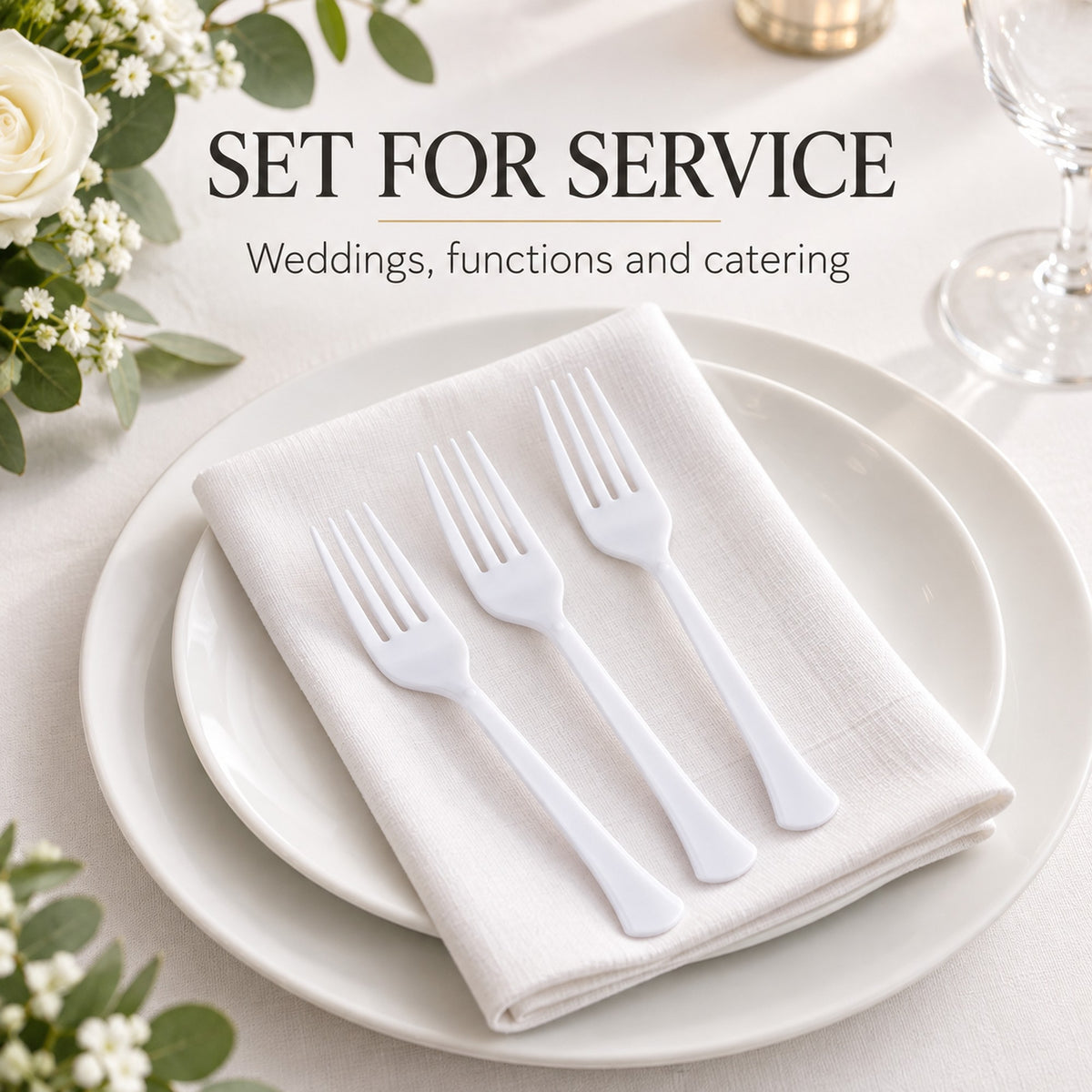 Reusable plastic forks at a wedding table setting, ideal for functions and catering