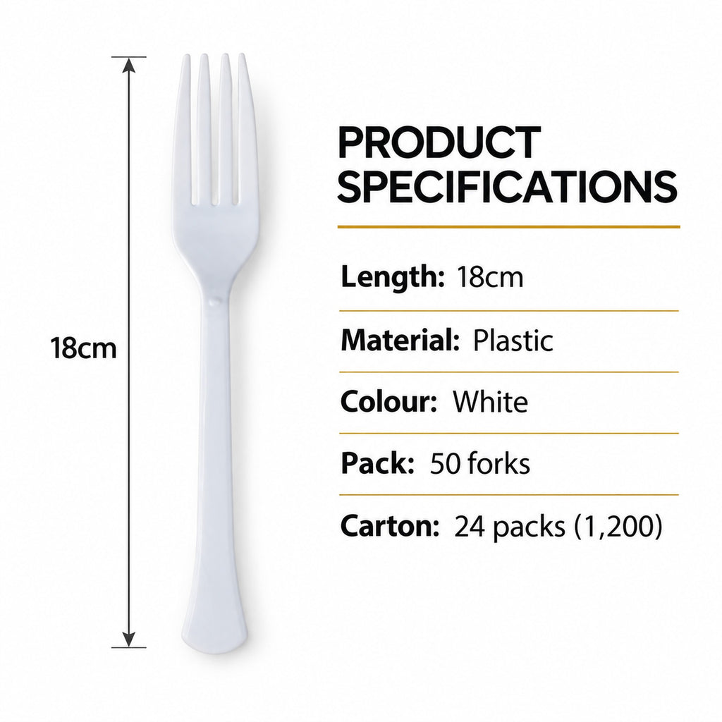 Plastic forks specifications: 18cm length, white plastic, 50 per pack, 24 packs per carton