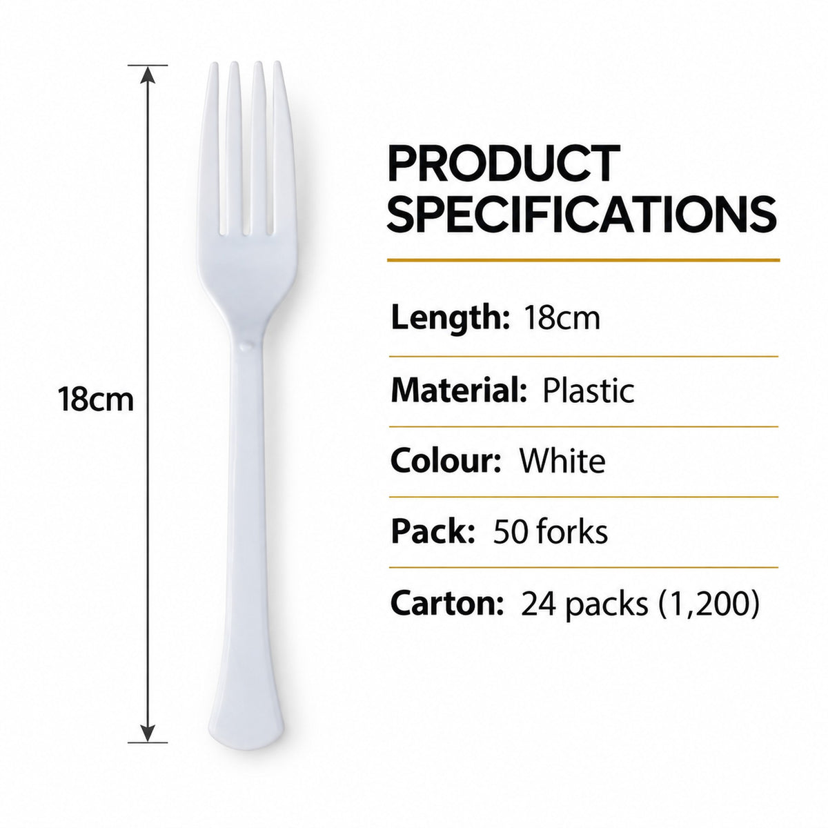 Plastic forks specifications: 18cm length, white plastic, 50 per pack, 24 packs per carton