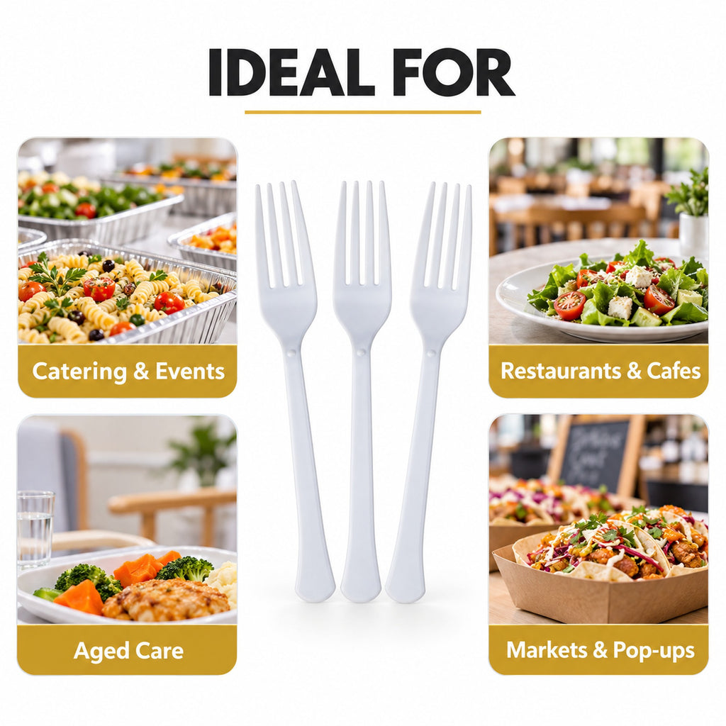 Plastic forks for catering, restaurants, aged care and markets - bulk wholesale cutlery