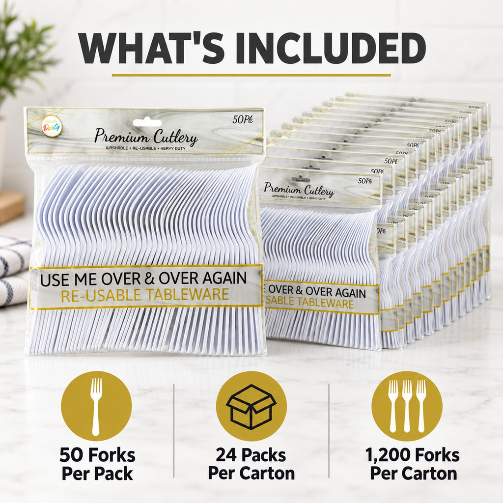 Plastic forks per pack 50, 24 packs per carton, 1,200 forks per carton