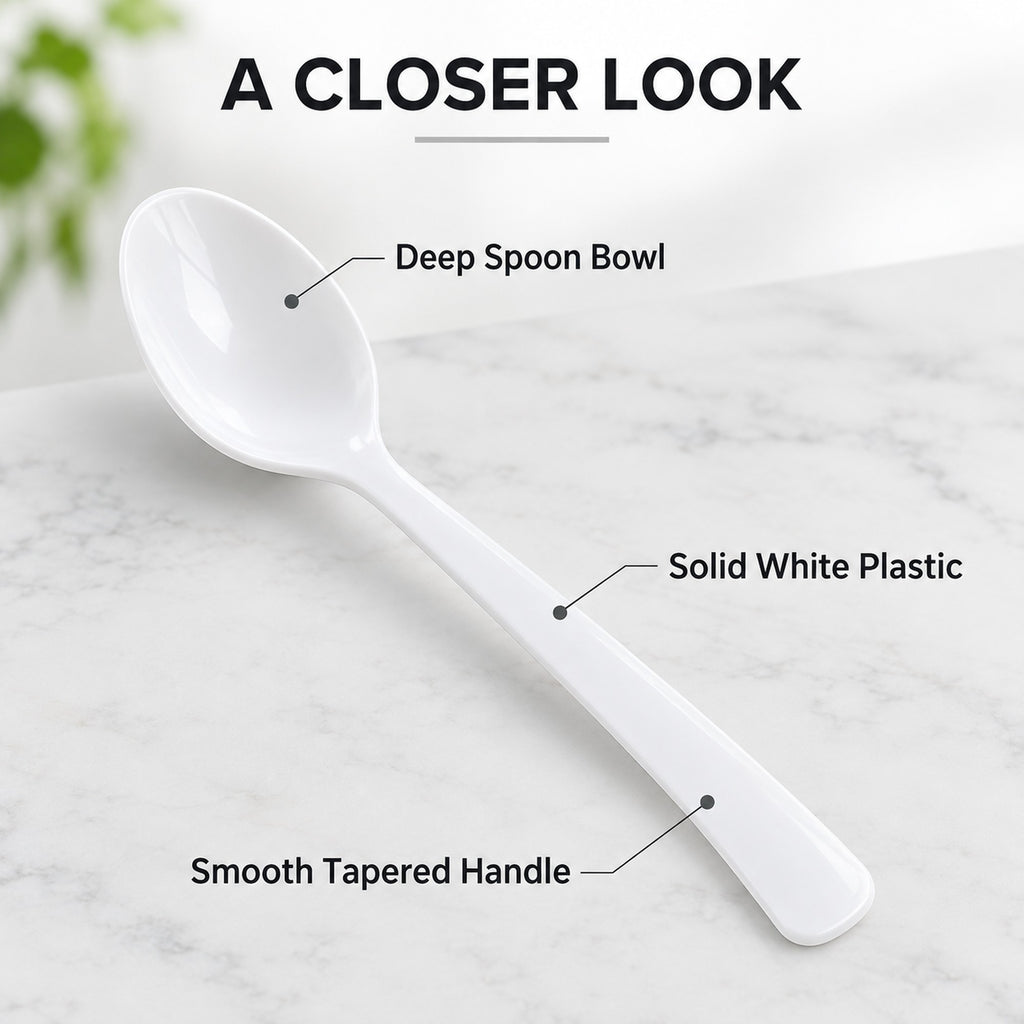 Close-up of a white plastic spoon showing the deep bowl and smooth tapered handle