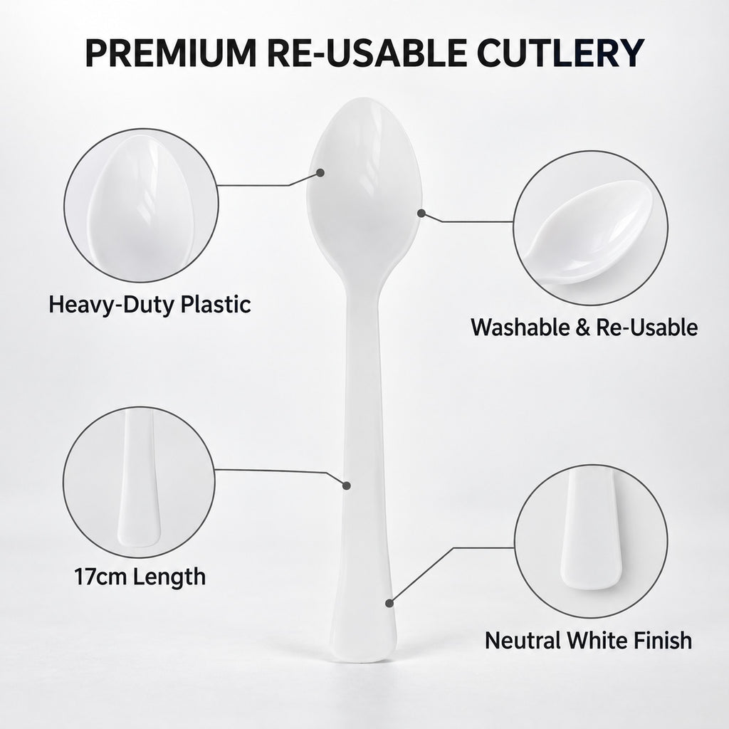 Plastic spoons features: heavy-duty plastic, washable and re-usable, 17cm, white finish