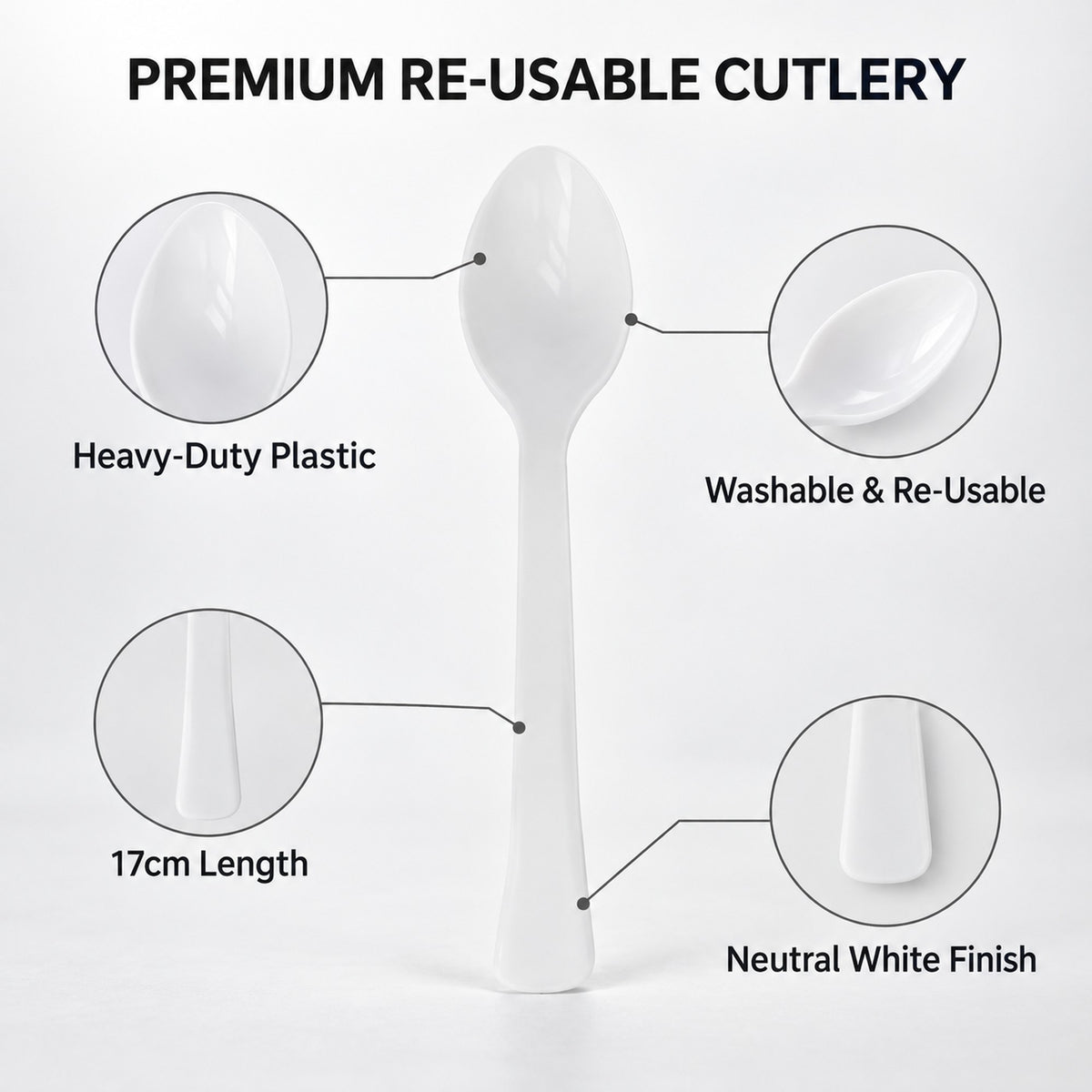 Plastic spoons features: heavy-duty plastic, washable and re-usable, 17cm, white finish
