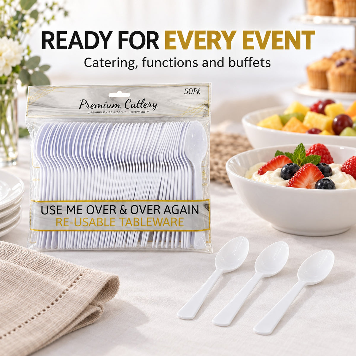 Reusable plastic spoons at a catered dessert buffet, ideal for events and functions
