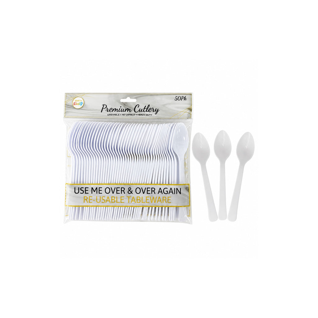 White plastic party spoons 50-pack retail pack with loose spoons, on a white background