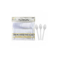 White plastic party spoons 50-pack retail pack with loose spoons, on a white background
