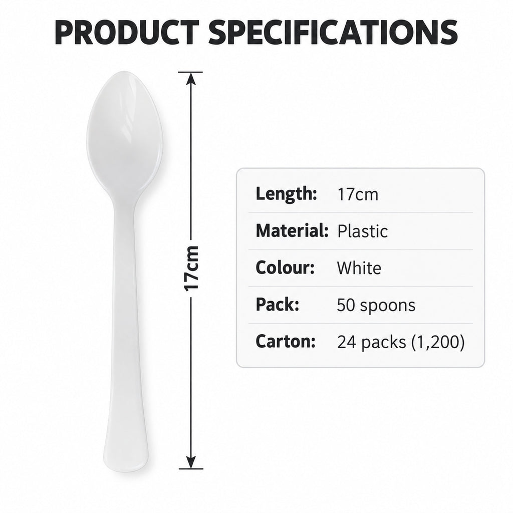 Plastic spoons specifications: 17cm length, white plastic, 50 per pack, 24 packs per carton