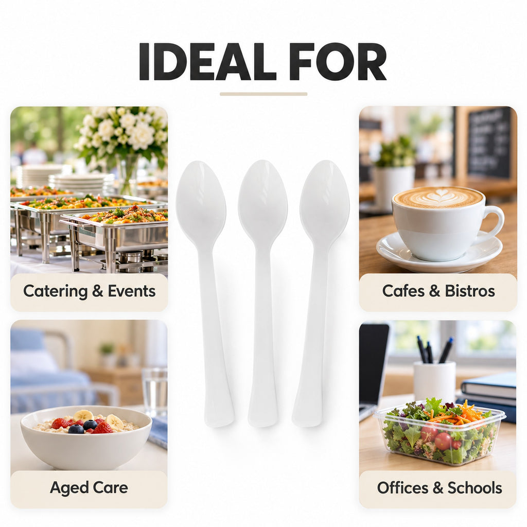 Plastic spoons for catering, cafes, aged care and offices - bulk wholesale food service