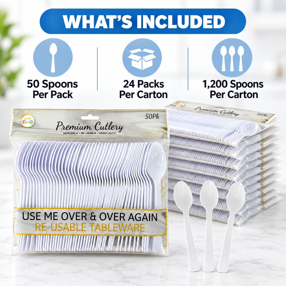Plastic spoons per pack 50, 24 packs per carton, 1,200 spoons per carton
