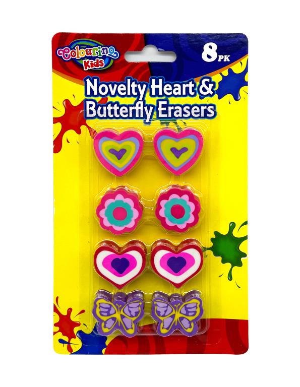 8PK Novelty Heart and Butterfly Erasers