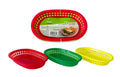 Three oval plastic chip and snack serving baskets in assorted colours - 23.3cm x 14.8cm, cafe and diner food service use