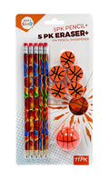 5PK Pencil & 5PK Eraser Set Basket Ball Themed (D)
