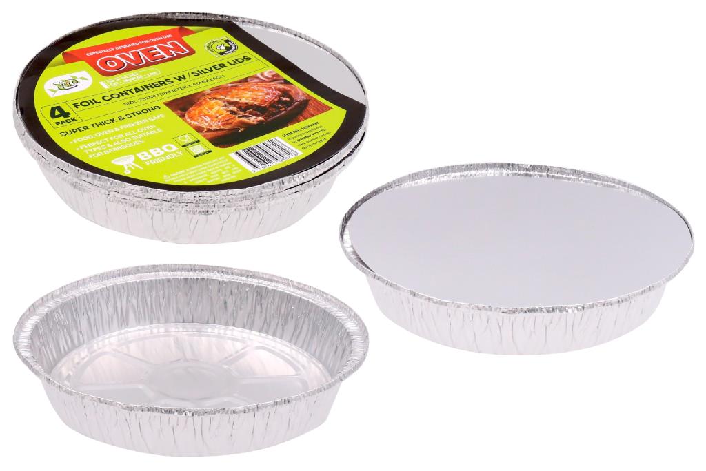 4PK Round Series Foil Containers W/Lids - 232MM Diameter x 45MM