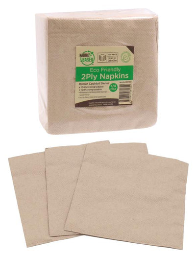 Brown 2-ply cocktail paper napkins 23x23cm 100 pack - wholesale bar and cafe serviettes