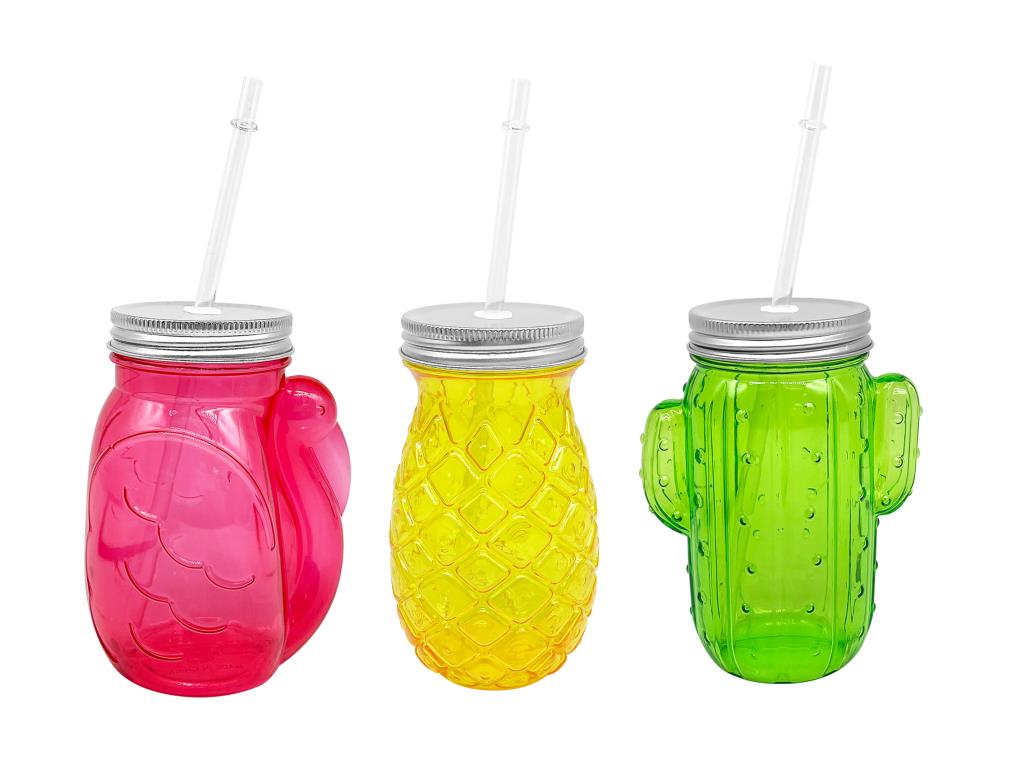 Novelty Plastic Drinking Mason Jar with Straw - 3 Designs (D)