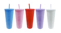 Jumbo plastic drink cup with straw in 6 assorted colours, 22cm tall, bulk carton for cafes and events