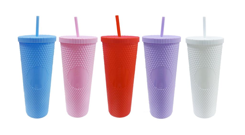 Jumbo plastic drink cup with straw in 6 assorted colours, 22cm tall, bulk carton for cafes and events