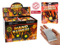 10-pack hand warmers in display box, 9cm x 5cm size, 10+ hour heat, bulk carton packaging shown