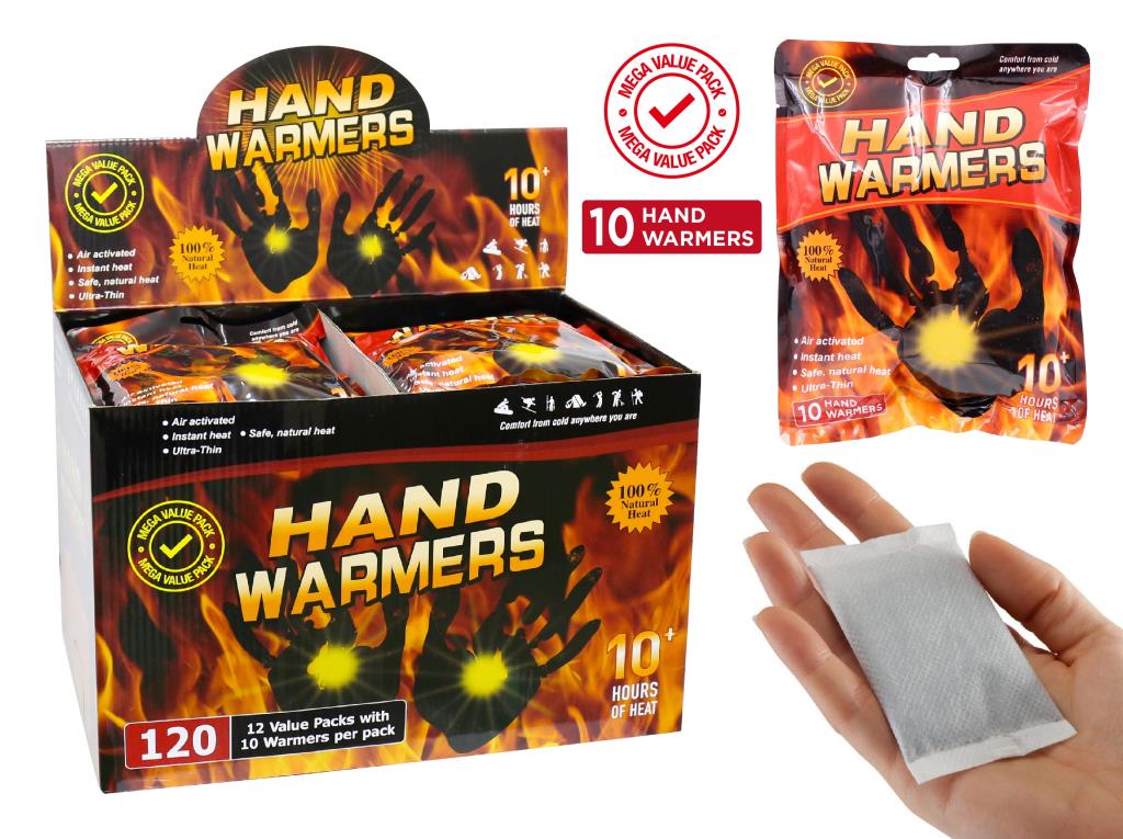 10-pack hand warmers in display box, 9cm x 5cm size, 10+ hour heat, bulk carton packaging shown