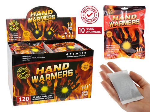 10-pack hand warmers in display box, 9cm x 5cm size, 10+ hour heat, bulk carton packaging shown