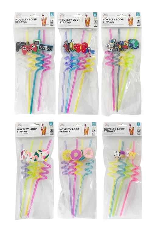4PK Novelty Loop Straws with Charm