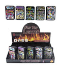 Assorted graffiti-design flip top refillable lighters in a 20-unit display box, front view
